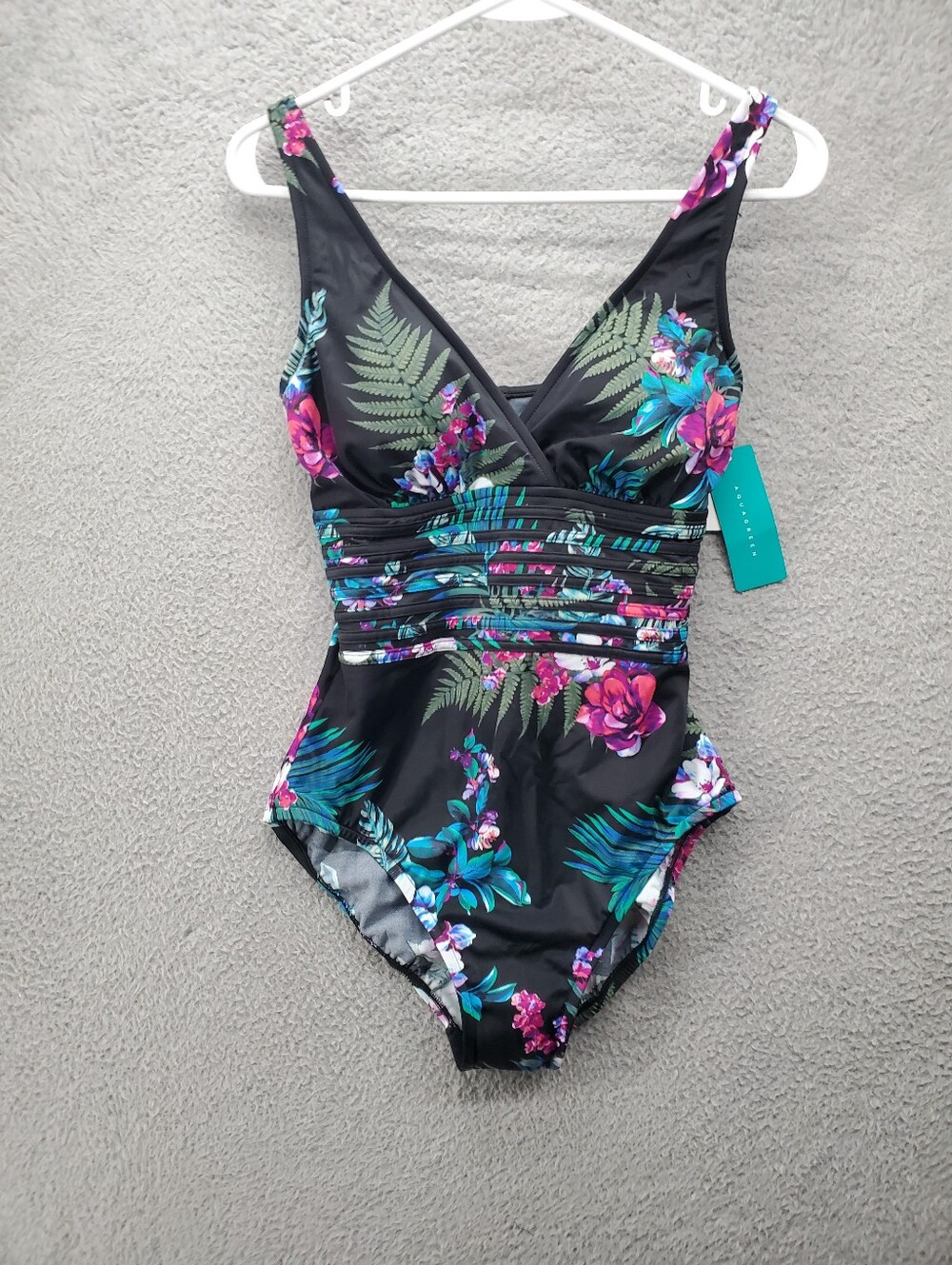 Aqua Green One Piece Swimsuit Womens Medium V Neck Black Multicolor Floral NWT